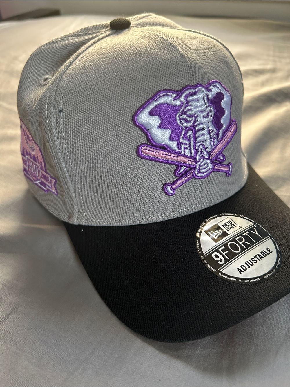 Mens Two-Tone Gray and Black Baseball Oakland Cap with Purple Patch